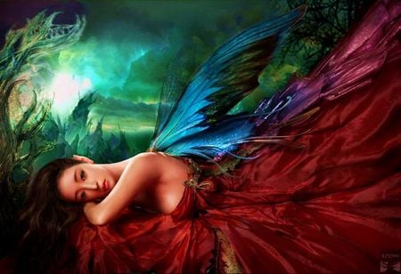 Red dress Angel - forest, angel, red, colorful, fantasy, dress