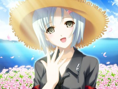 Ah! its that so ♥ - hat, girl, sea, scenic, flowers, cg, tropical, ruka, koutaro, garden, straw, cute, kiss, 3d, arai