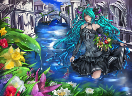 vocaloid - music, anime girl, white, art, cool, petals, aqua-eyes aqua-hair dress fish flowers hatsune-miku sukya, vienna, aqua eyes, arrtistic, hatsune miku, song, vocaloids, program, vocaloid, beautiful, diva, dress, realistic, beauty, nice, sky, italy, water, twintail, singer, aqua hair, black, virtual, painting, pretty, idol, clouds, anime, green, miku, cute, black dress, girl, twintails, wet, hatsune, blue, city, awesome, flowers, gray