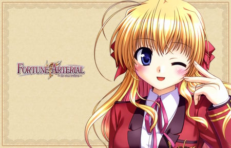 Sendou Erika - pretty, fortune arterial, blushing, anime, original, school, blonde, wink, erika, sendou erika, uniform, red, sendou, nice, blue eyes, anime girl, beautiful, blush, beauty, cool, vampire, school uniform, black, white, awesome, cute, bow