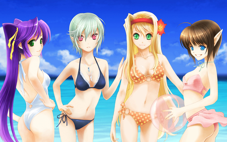 Beach girls - beauty, ocean, anime girls, beach, sky, sexy, hot, beauties, water, stunning, clouds, bikini, beautiful, sea, sand, cute