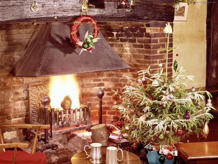 Christmas for RoseofSharon - fire, decoration, christmas tree, fireplace, beautiful, table, chear, beer cups