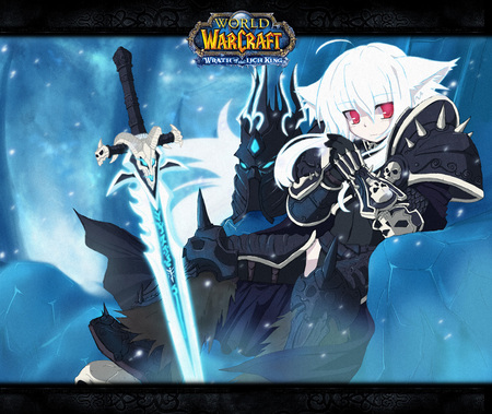 World of Warcraft:Wrath of the Neko - ice, neko, warrior, fighter, anime girl, armor, red eyes, wow, armour, frost, world of warcraft, snow, sword, cute, white hair