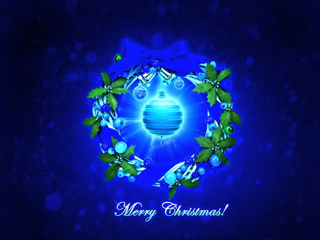 Merry Christmas - blue - glow, blue, holly leaves, greeting, ornament, merry christmas, bow