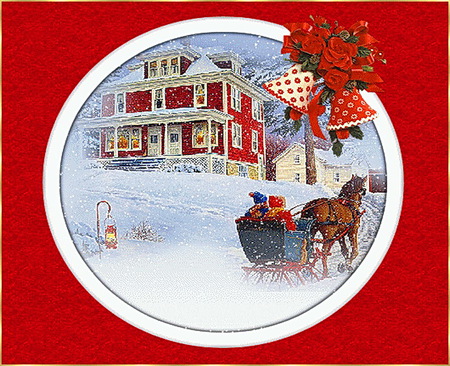 Family visits - winter, bells, people, horse and carriage, bows, christmas, snow, red and white house