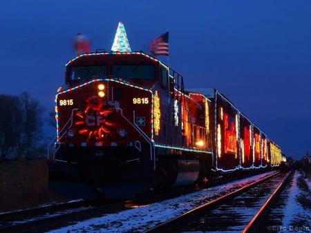 Holiday Train - train, picture, at night, beautiful, holiday, christmas