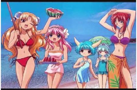 Watermelon Fun! - clothes, anime, milfeulle, female, water, angels, beach, ranpha, galaxy angel, swim suits, beach umbrella, vanilla, mint, watermelon, forte