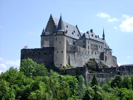 Vianden Castle, Luxembourg - sky, walls, trees, grey, castle, blue, green, towers