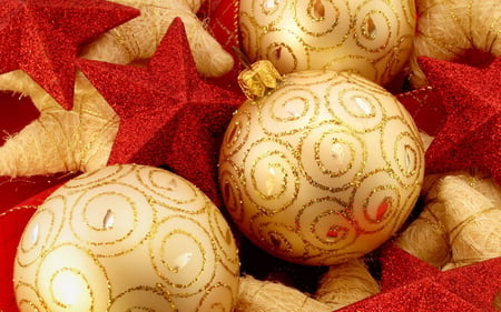 balls and stars - christmas, gold, holiday, red