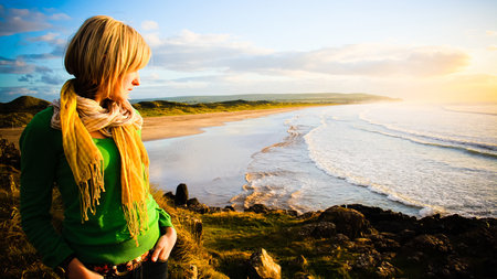 to be with you - beach, sky, freedom, girl, colorful, waves, bright, yellow, clouds, green, sea