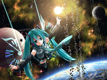 Hatsune Miku - aqua, angel, sun, headset, music, thighhighs, wings, anime girl, white, yellow, cool, dark, aqua eyes, earth, hatsune miku, skirt, light, song, space, vocaloids, program, glow, spectacualr, 3d, astroid belt, vocaloid, beautiful, diva, realistic, beauty, nice, twintail, singer, aqua hair, black, rocks, virtual, astroid, pretty, idol, anime, miku, cute, planet, moon, girl, hatsune, hd, real, microphone, headphones, blue, tie, awesome, angeloid