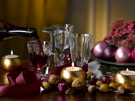 Happy New Year - glass, glasses, beautiful, candles, happy new year, christmas, magic, balls, photography, new year, christmas light, ball, purple, magic christmas, pretty, beauty, xmas, bottle, candle, holiday, merry christmas, wine, lovely, colors