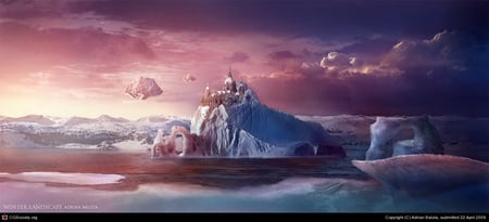 Winter Landscape - ice, winter, sunset, lake, castle