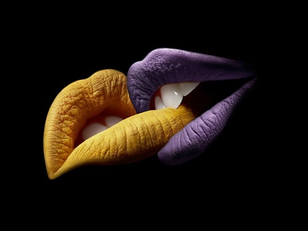 Lips - lips, people, yellow, purple, artwork, teeth