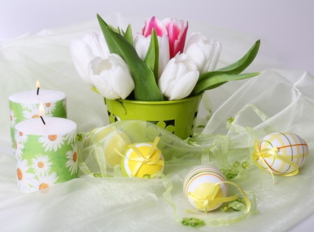 Easter - metal green pot, magic, easter, design, bouquet, shine, elegant, still life, spring, white, eggs, yellow, forever, cool, holiday, easter decor, harmony, candle, fresh, fashion, gentle, floral, pink, beautiful, tulip, nice, sunshine, photography, delicate, ribbons, candles, tulips, basket, pretty, macro, green, love, vase, pure, candleslight, entertainment, bright, new life, flowers, photo, flower