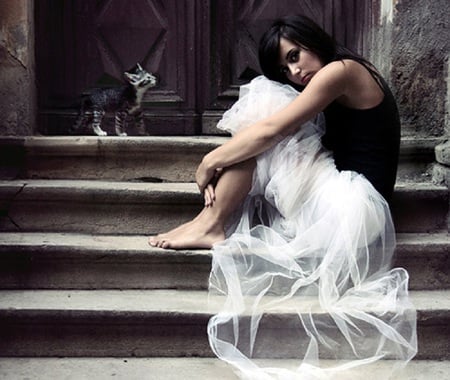 After the Dance - steps, cat, female, door