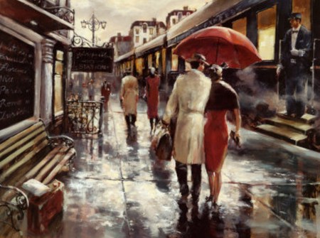 Welcome Aboard - train, station, couple, rain