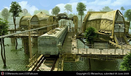 The-Station-Constructs-In-The-Lake - train, station, lake, tree