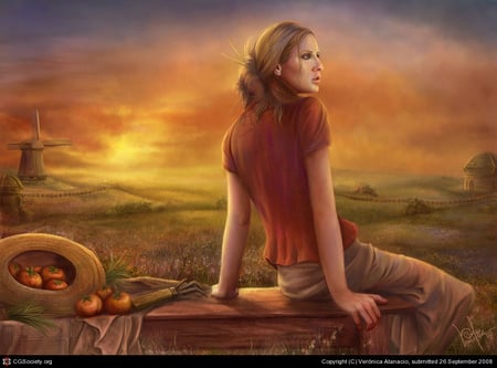 Farmer's Wife - tomato, sunset, windmill, woman