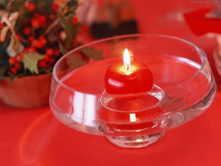 Christmas Candle - red, water, burning candle, glass cup, beautiful, christmas bouquet, pot vase