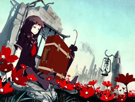 Velvet Memories - anime girl, beautiful, hot, velvet, beauty, flowers, red, cute, sexy, sky