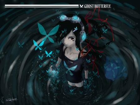 Ghostly Butterfly - vortex, anime girl, blue, beautiful, hot, girl, beauty, aqua, red, butterfly, cute, sexy, ribbons