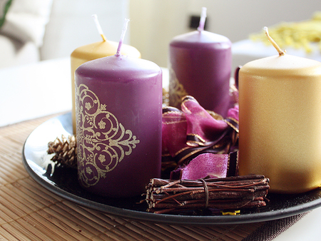 Christmas still life - beauty, popular, photography, candles, still life, christmas, holidays, abstract, purple, yellow, pink, decorations