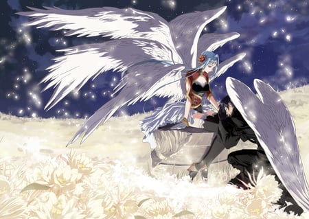 bowdown - flowers, clouds, heaven, yellow eyes, blue hair, wings, black hair, night