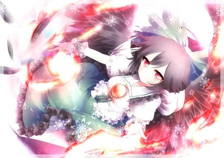 reiuji utsuho - short hair, touhou, colorfull, skirt, wings, black hair, red eyes