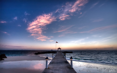 Sunrise At The Pier - pier, sunrise, sea, lights