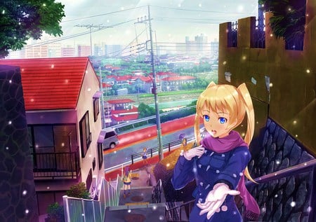 Lets Go - snow, seifuku, blonde hair, city, train tracks, scarf, jacket, houses, blue eyes