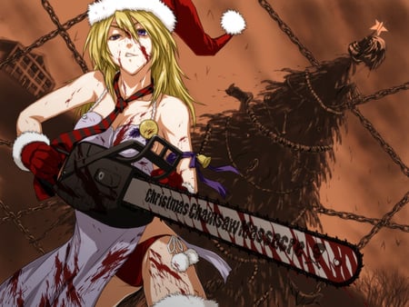 Christmas Chainsaw Massacre - blonde hair, chainsaw, anime, long hair, blood, purple eyes, christmas