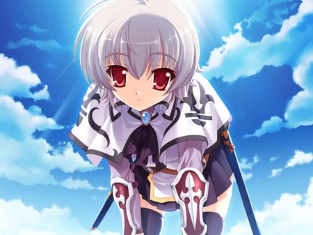 Knight - shor hair, skirt, sky, girl, red eyes, clouds, weapon, anime, sword, silver hair