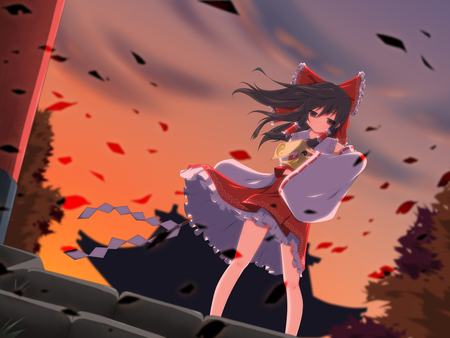 Hakurei Reimu - hakurei, touhou, reimu, petals, talisman, hakurei reimu, anime