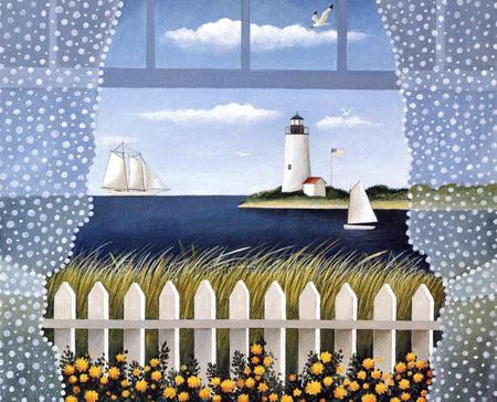 looking to the light - sky, fence, curtains, ship, window, clouds, flowers, sailboat, grass, sea