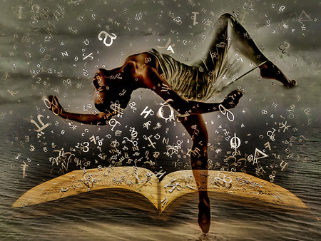 Flying through letters - woman, flying, abstract, letters, fantasy, book