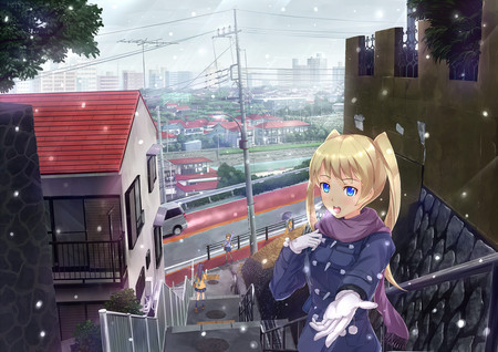 Winter has come - house, winter, original, snow, girl, scenic, city, girls, stairs, houses, building