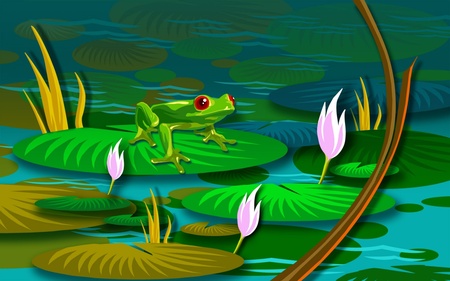 frog's paradise - abstract, flowers, lillypads, frog