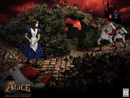 Run Alice - chased, dead, blood, wonderland, knifr, cards