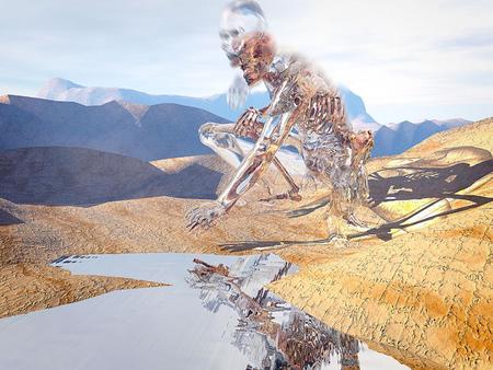 Glas Skeleton - sky, mountain, glass, reflection, 3d and cg, water, skeleton