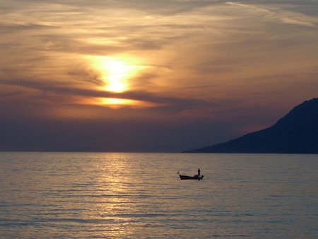 sunset - sky, oceans, ship, sunset, nature