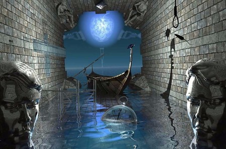 3d art - faces, blue, 3d, fantasy, boat