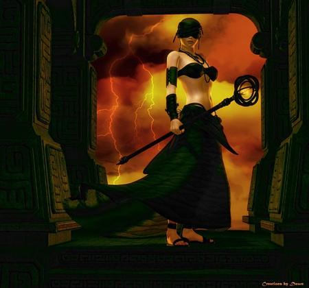 Her Realm - blindfold, woman, staff, red skies, lightning, castle