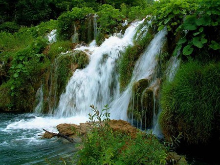 Waterfall - lake, grass, nature, waterfall