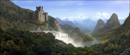 Castle and Waterfall - water, cascade, mountains, peaks, waterfall, rocks, square, sky blue, grey, castle, splashing, towers, flags