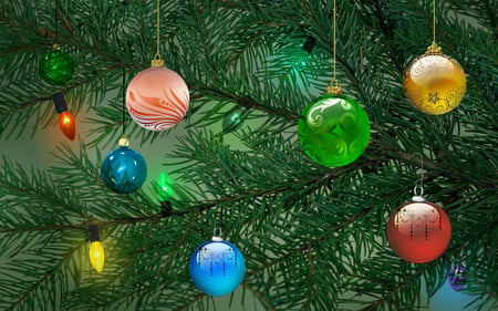 Christmas Tree Branches - ornaments, christmas, tree, lights