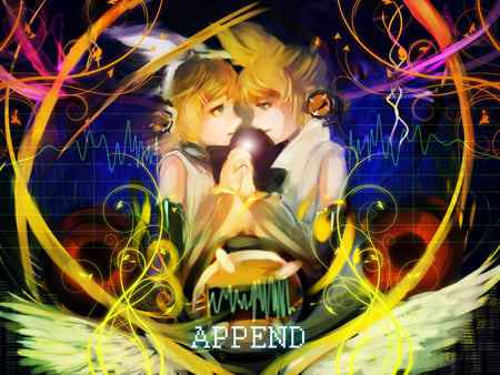 Kagamine Rin & Len Append - aqua, headset, append, colorful, music, anime girl, yellow hair, rin append, yellow, kagamine, cool, aqua eyes, kagamine rin, song, vocaloids, len append, len, program, vocaloid, beautiful, diva, nice, beauty, twintail, singer, anime boy, virtual, rin, pretty, idol, green, anime, cute, girl, microphone, headphones, blue, awesome, kagamine len