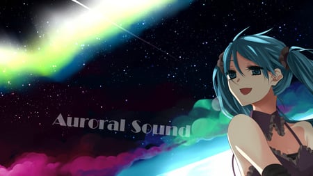 Auroral Sound - pretty, nice, program, hot, beauty, virtual, white, cute, aqua eyes, song, sexy, vocaloid, anime, blue, twintail, dress, hatsune miku, stars, dark, music, aqua, aurora, black dress, sky, idol, clouds, anime girl, beautiful, singer, girl, cool, black, miku, awesome, diva, aqua hair, night sky, hatsune, vocaloids