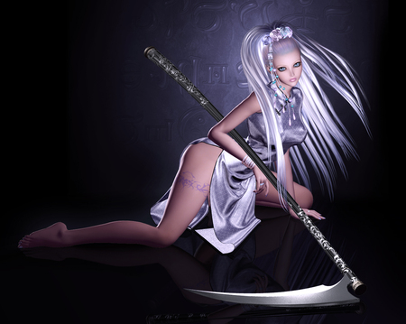 Fantasy Girl - scythe, female, original, cg, black, white, silver, 3d, sexy