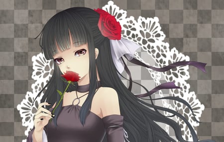 Lovely Lady - roses, girl, gothic, flower, flowers, black, red, rose, mio